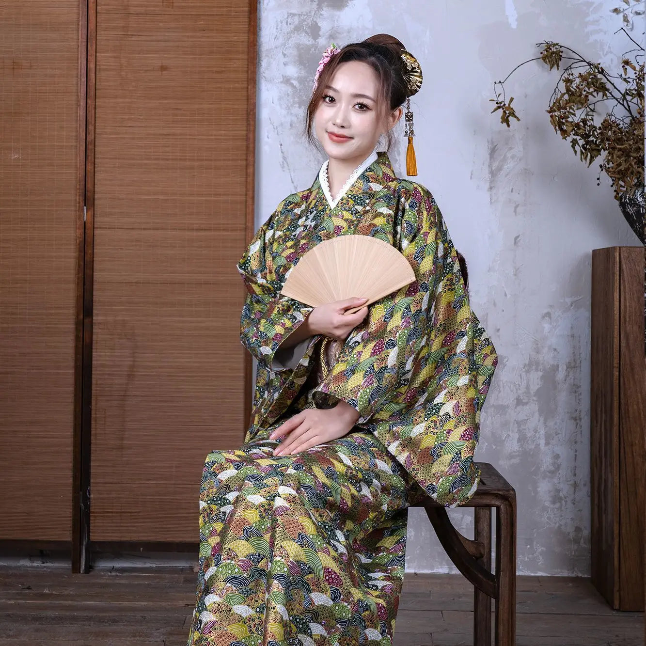 Green Kimono: Authentic Japanese Silk Kimono Robe - kimono-j Kimono US Green Kimono: Authentic Japanese Silk Kimono Robe - kimono-j Kimono US